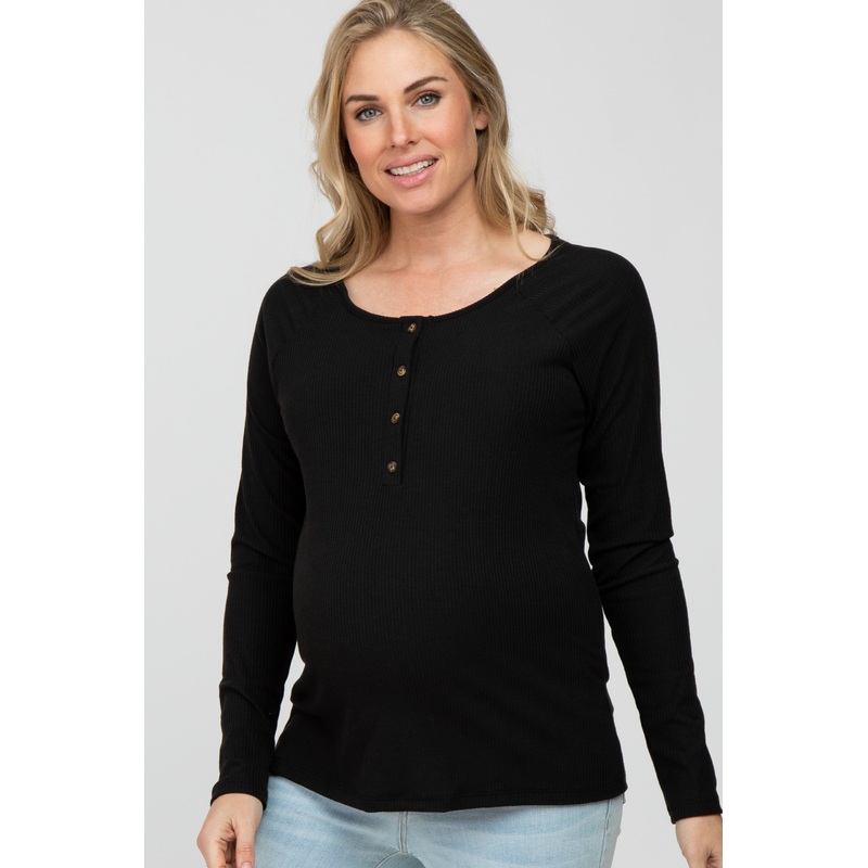 Black Ribbed Button Front Maternity Top