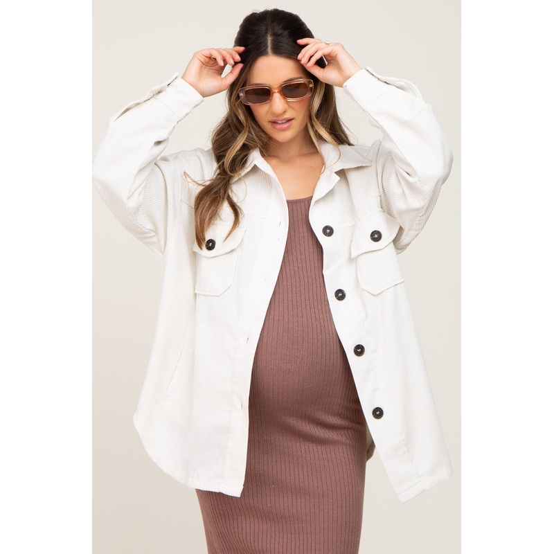 Cream Corduroy Maternity Shirt Jacket