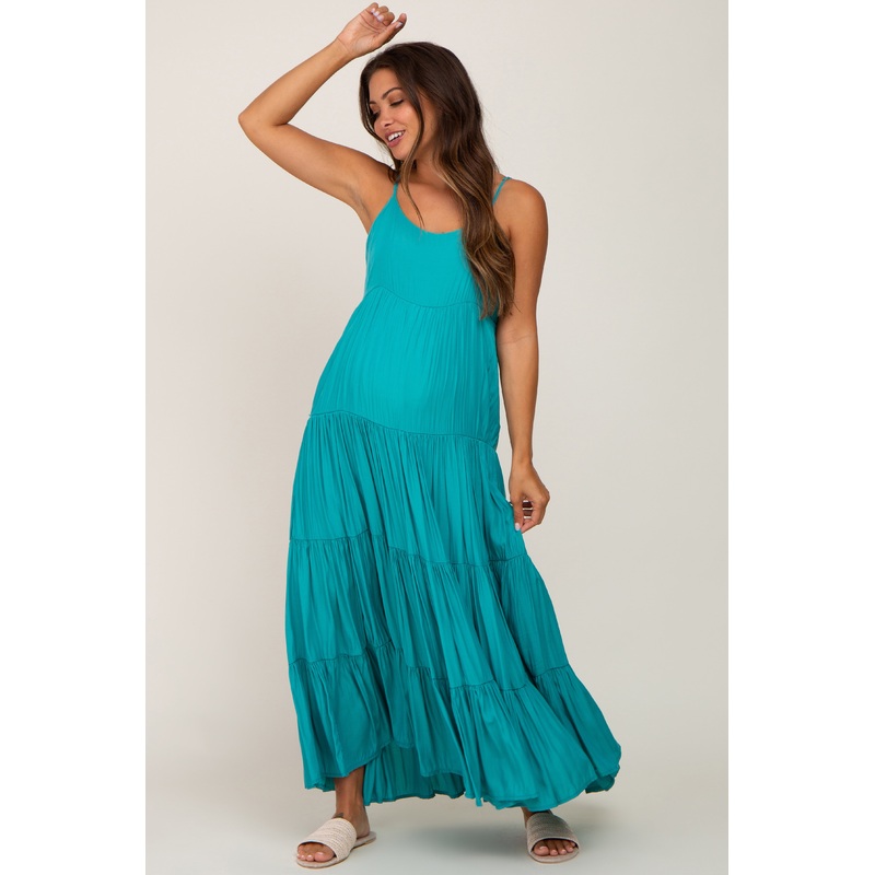 Turquoise Tiered Maternity Maxi Dress