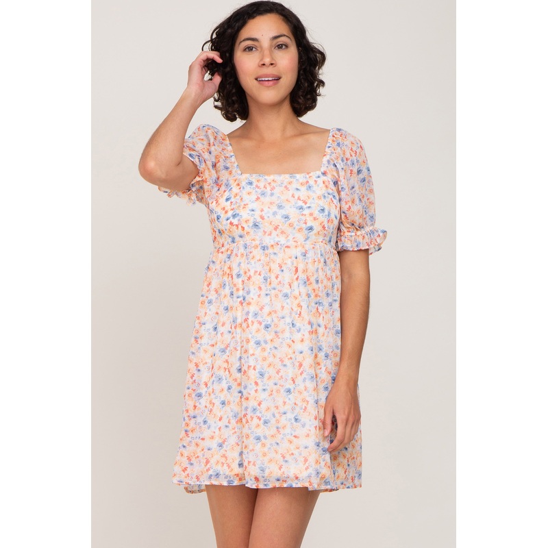 White Floral Chiffon Square Neck Puff Sleeve Dress