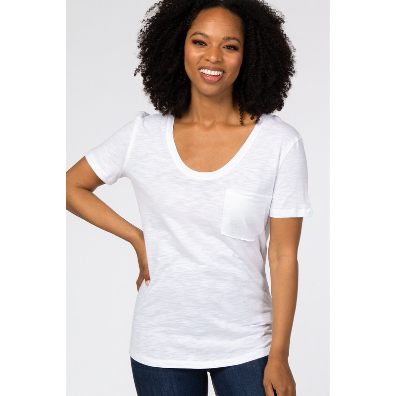 White Scoop Neck Pocket Front Top