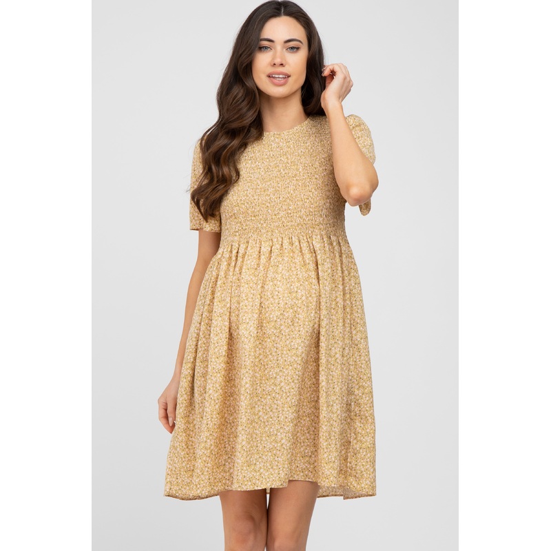 Yellow Ditsy Floral Smocked Maternity Mini Dress