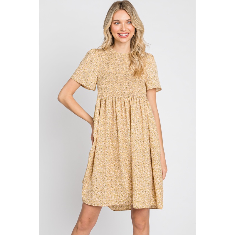 Yellow Ditsy Floral Smocked Mini Dress