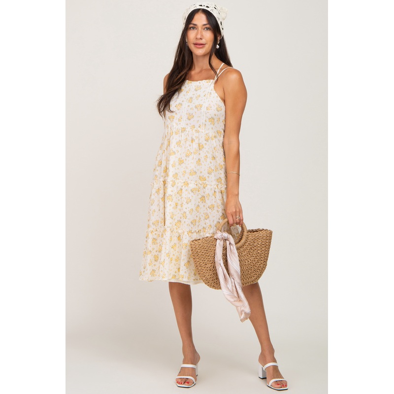 Yellow Floral Cross Back Tiered Midi Dress
