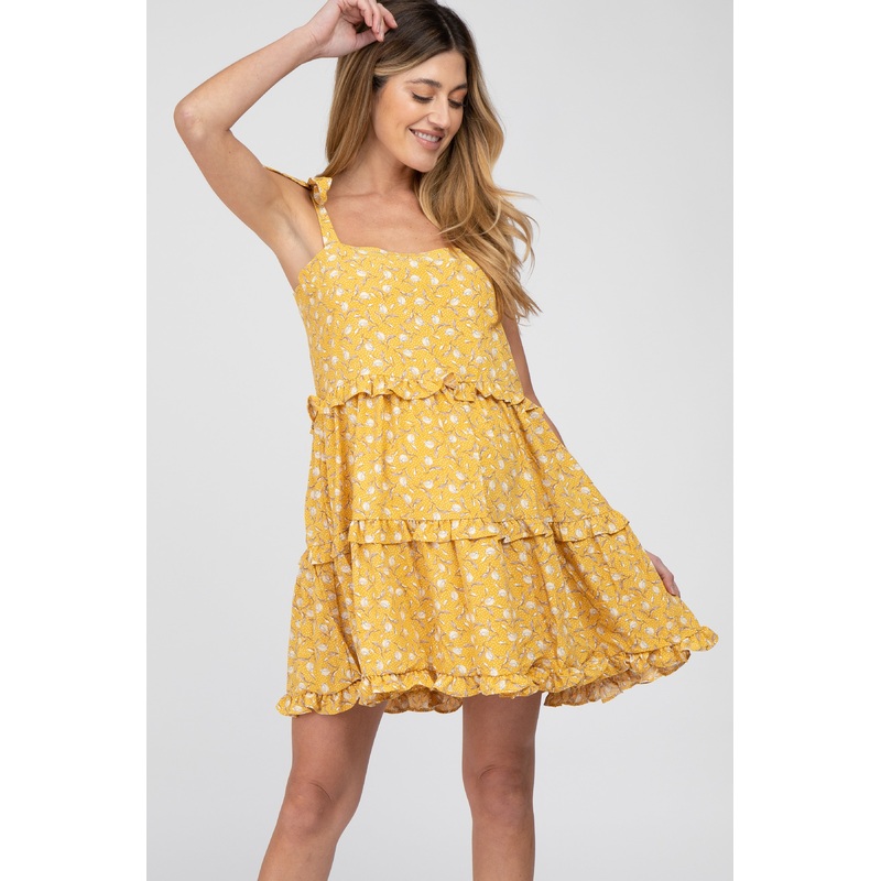 Yellow Floral Tiered Maternity Mini Dress