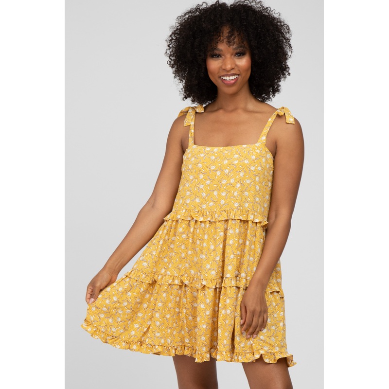 Yellow Floral Tiered Mini Dress
