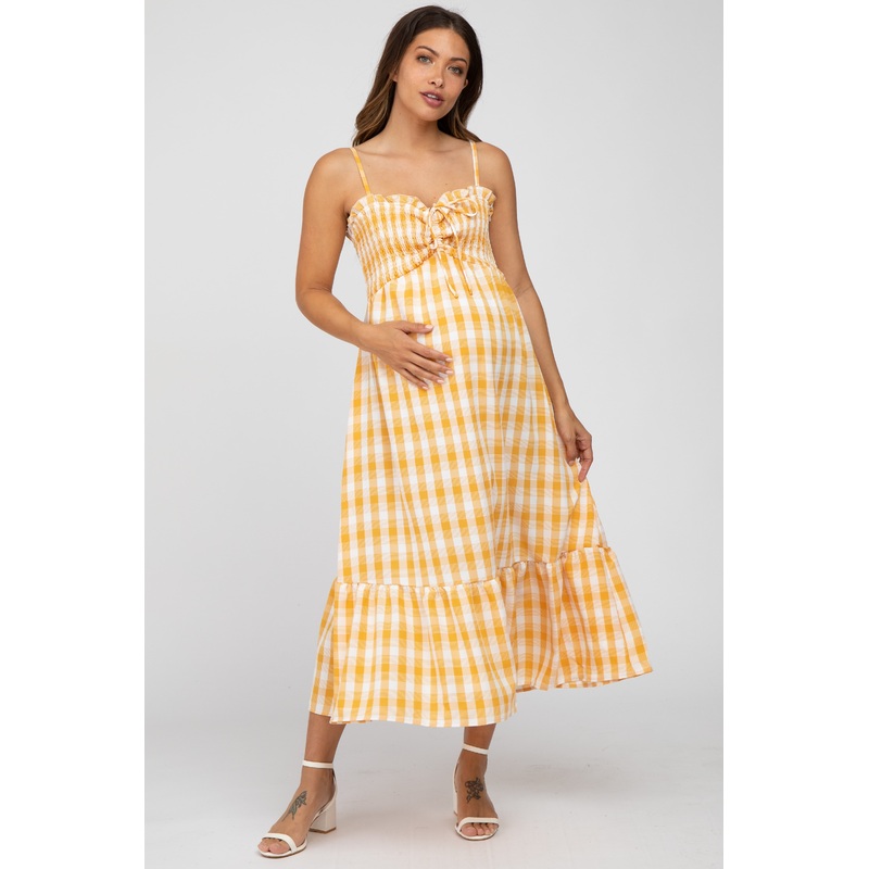 Yellow Plaid Smocked Maternity Midi Dress