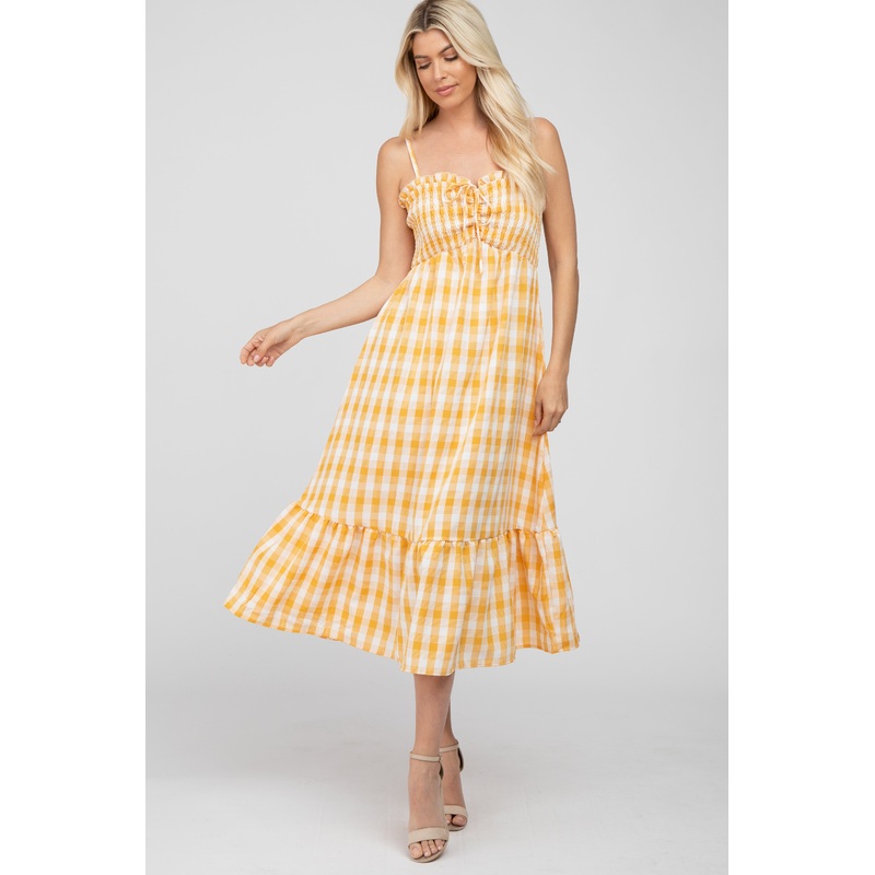 Yellow Plaid Smocked Midi Dress