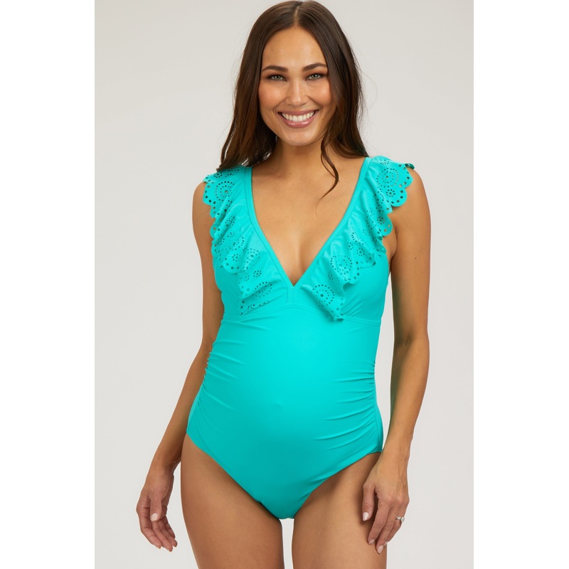 Aqua Lasercut Detail Ruffle Trim One Piece Maternity Swimsuit