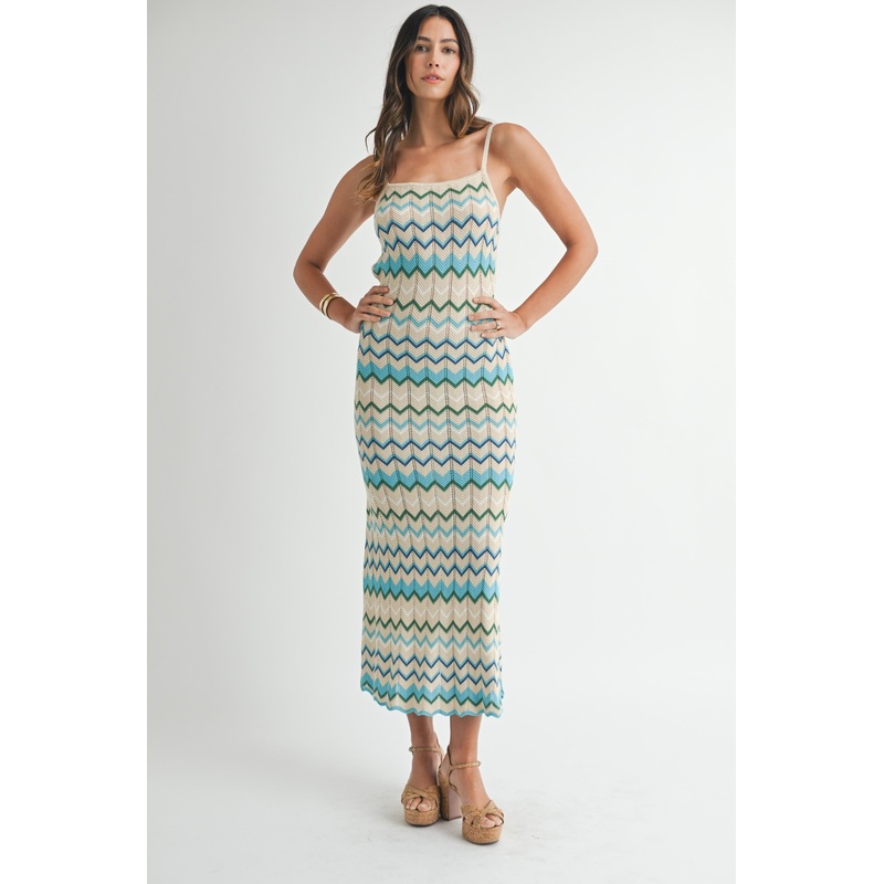 Aqua Pointelle Chevron Knit Open Back Midi Dress