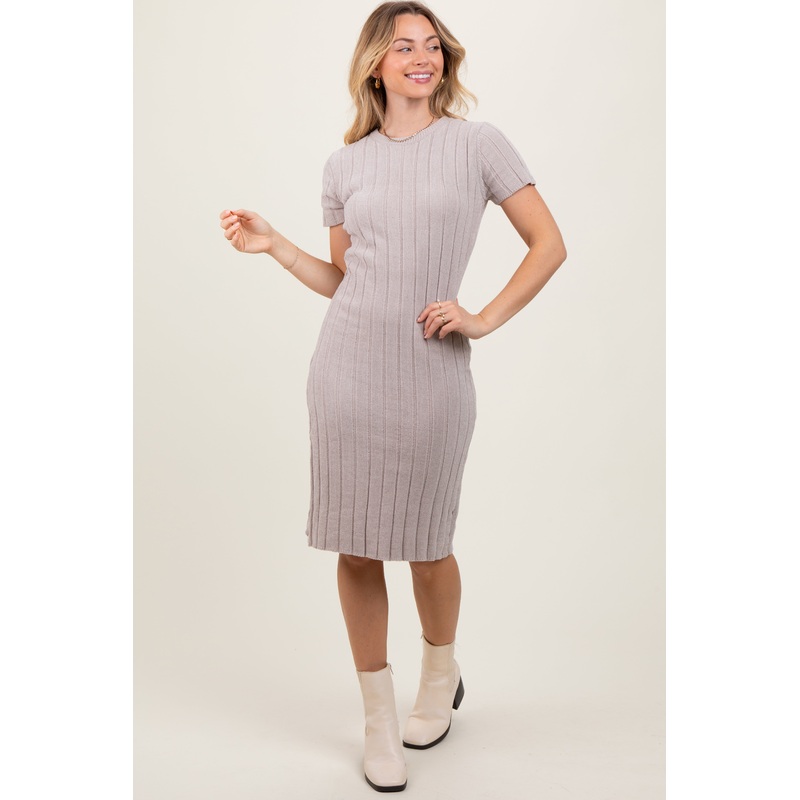 Beige Chenille Knit Short Sleeve Sweater Dress