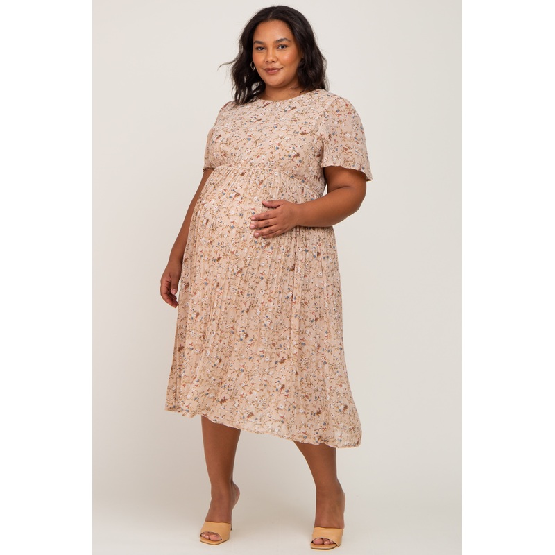 Beige Floral Pleated Chiffon Maternity Plus Midi Dress