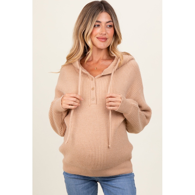 Beige Ribbed Knit Button Front Hooded Maternity Sweater