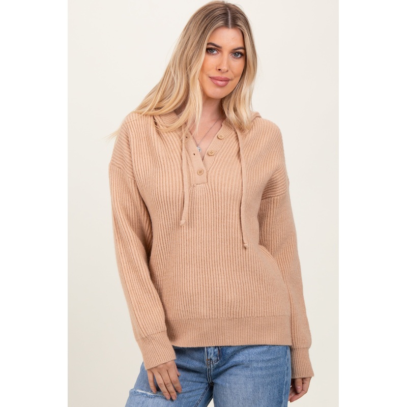 Beige Ribbed Knit Button Front Hooded Sweater