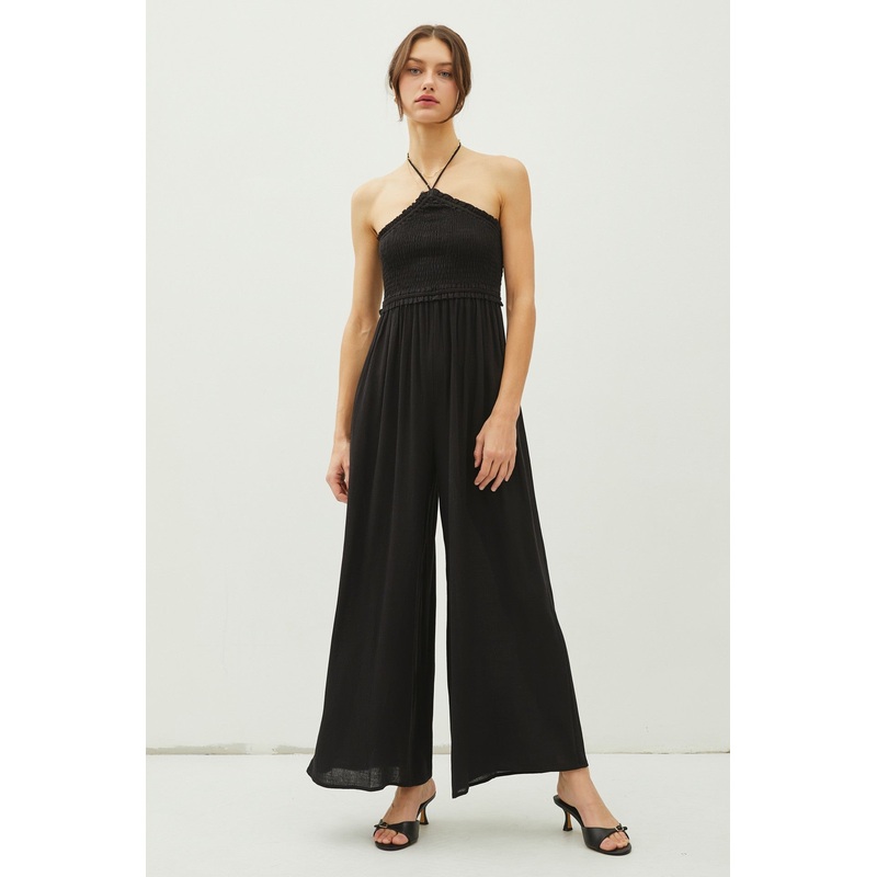 Black Back Cutout Smocked Halter Wide Leg Jumpsuit