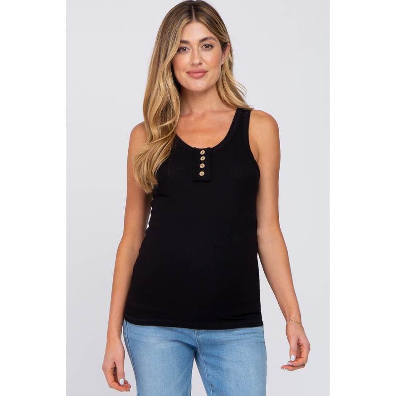 Black Button Neckline Ribbed Maternity Tank