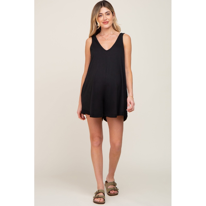 Black Rounded V-Neck Sleeveless Maternity Romper