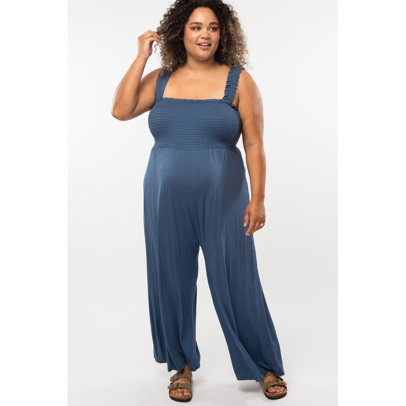 Blue Smocked Ruffle Strap Maternity Plus Jumpsuit