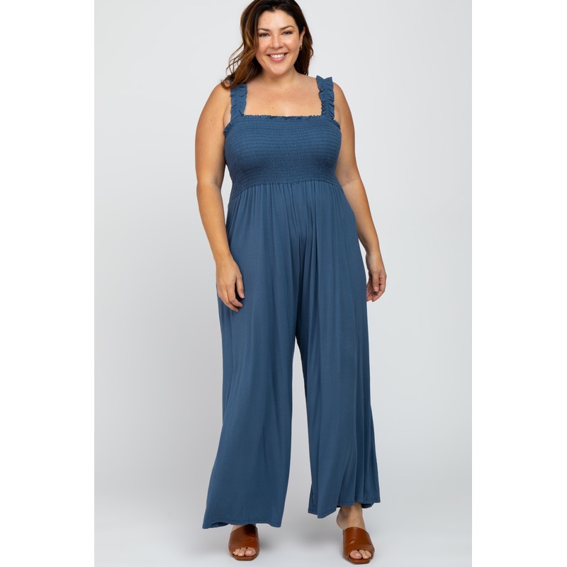 Blue Smocked Ruffle Strap Plus Jumpsuit