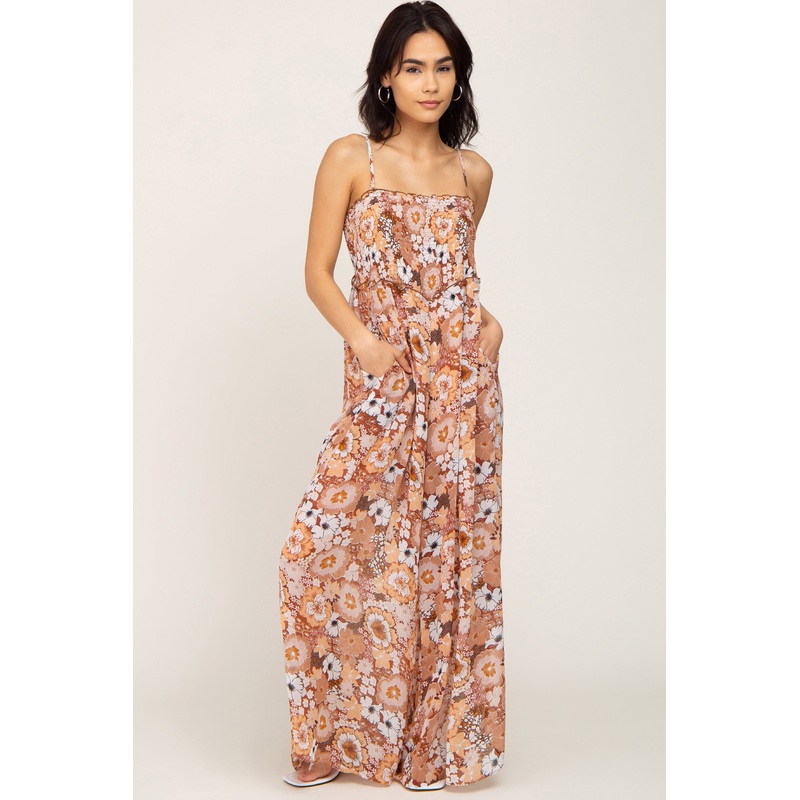 Camel Floral Sleeveless Jumpsuit