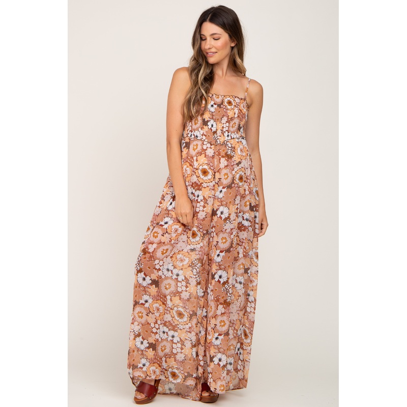 Camel Floral Sleeveless Maternity Jumpsuit
