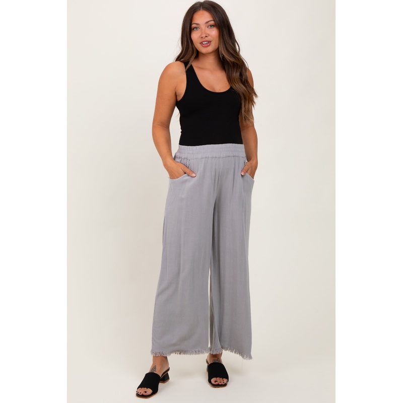 Grey Linen Frayed Hem Crop Maternity Pants
