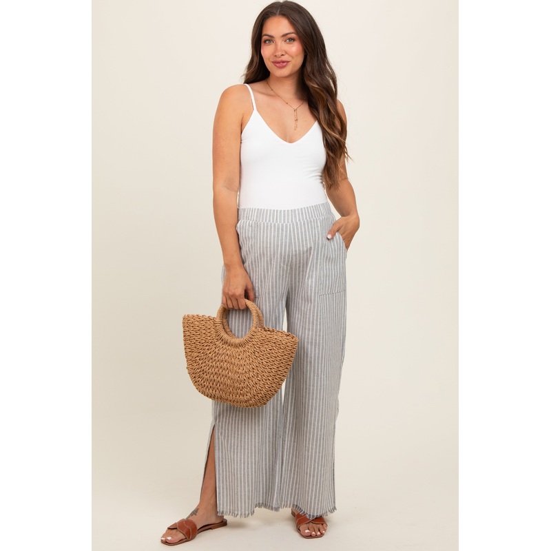 Heather Grey Striped Linen Slit Hem Maternity Pants