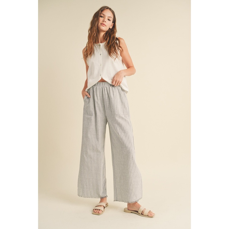 Heather Grey Striped Linen Slit Hem Pants
