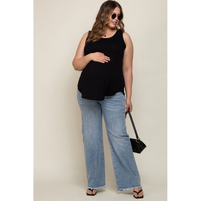 Light Blue Fringe Hem Maternity Plus Wide Leg Jeans