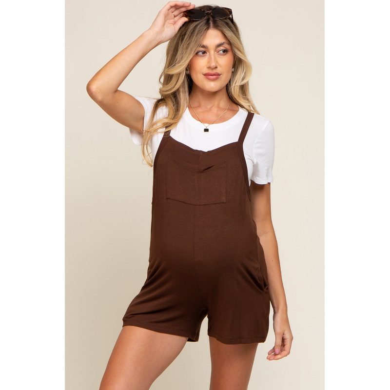 Mocha Front Pocket Overall Knit Maternity Romper