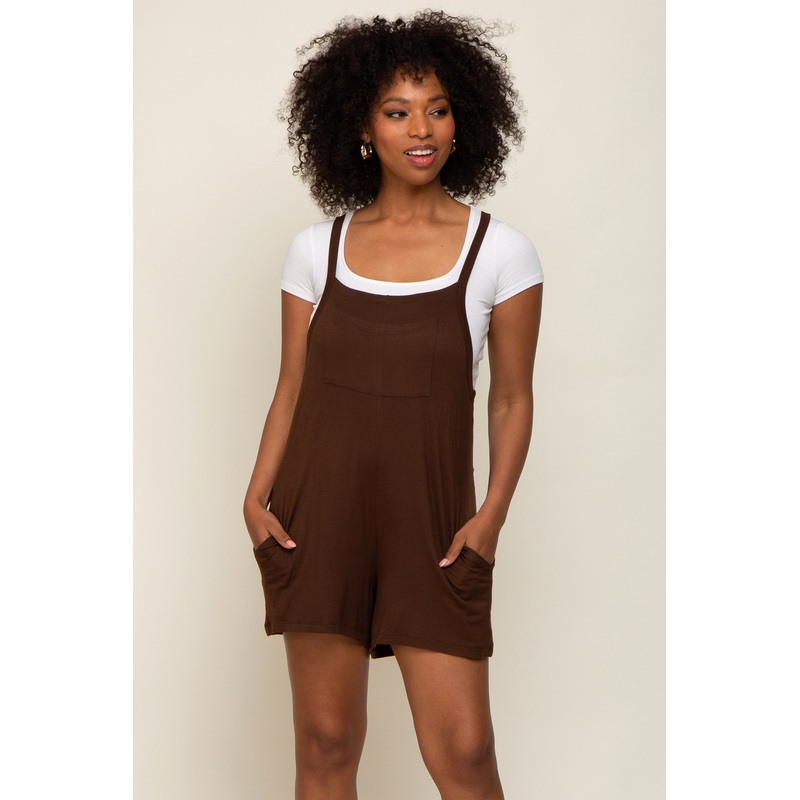 Mocha Front Pocket Overall Knit Romper