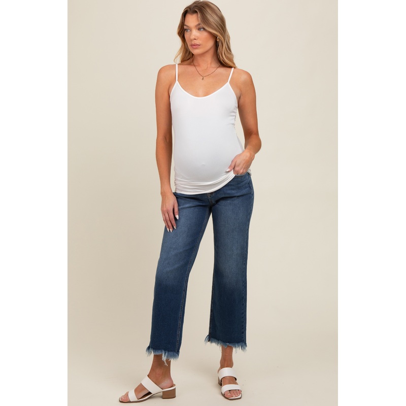 Navy Blue Fringe Hem Maternity Cropped Jeans