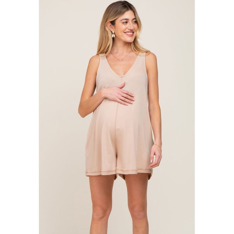 Taupe Rounded V-Neck Sleeveless Maternity Romper