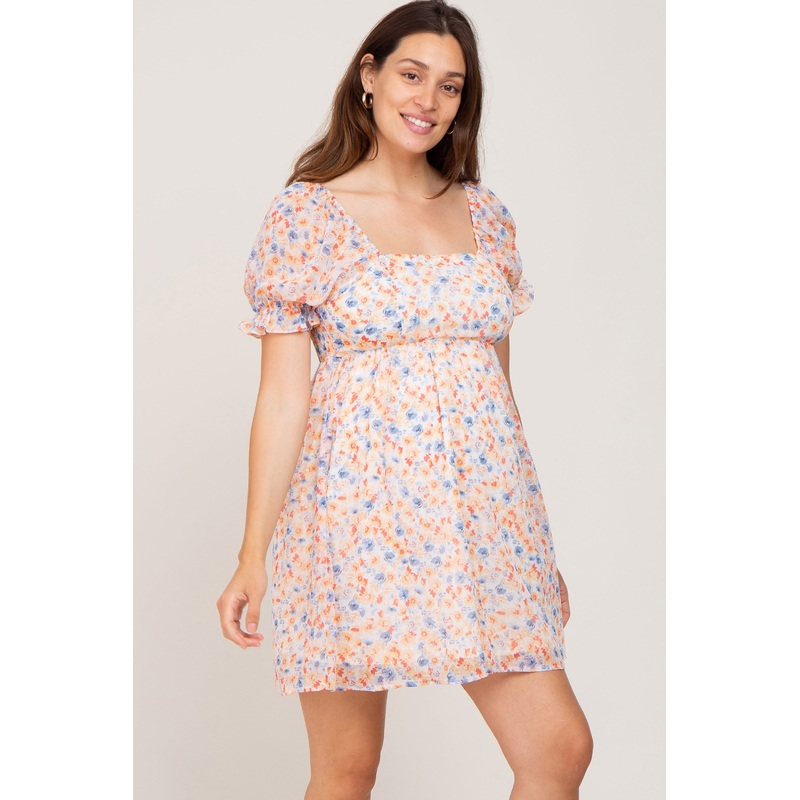White Floral Chiffon Square Neck Puff Sleeve Maternity Dress