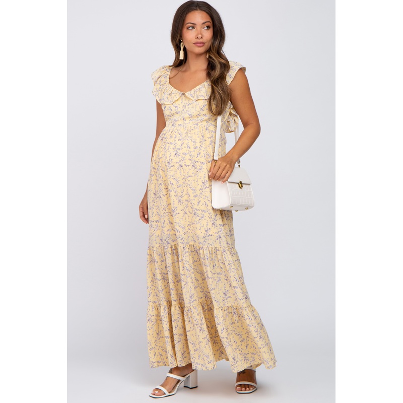 Yellow Floral Ruffle Tiered Maternity Maxi Dress