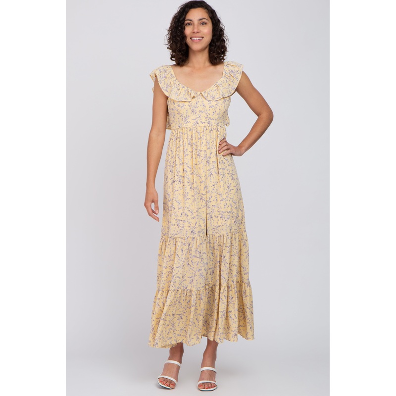 Yellow Floral Ruffle Tiered Maxi Dress