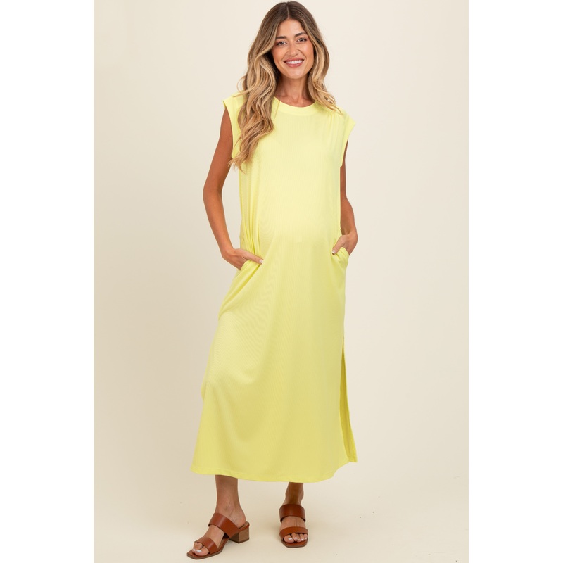Yellow Short Dolman Sleeve Side Slit Maternity Maxi Dress