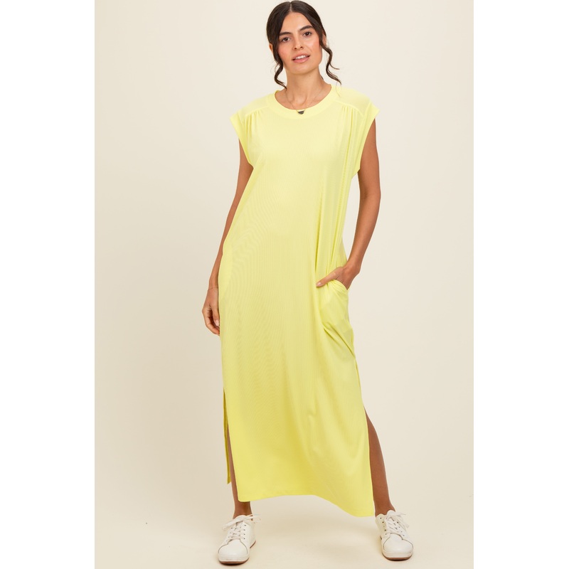 Yellow Short Dolman Sleeve Side Slit Maxi Dress
