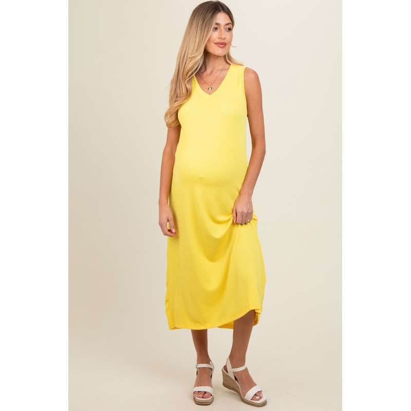 Yellow Sleeveless Ribbed Maternity Maxi Dress