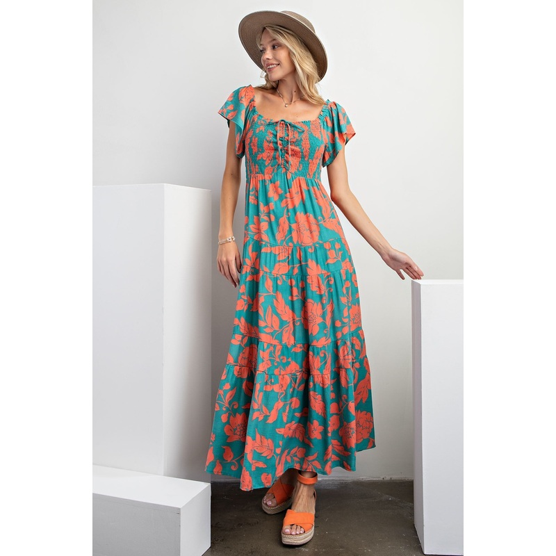 Atlantis Green Short Sleeve Printed Woven Maxi Dress