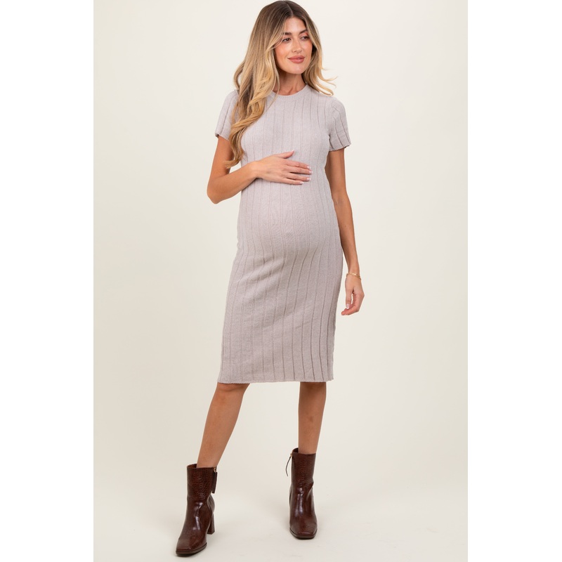 Beige Chenille Knit Short Sleeve Maternity Sweater Dress