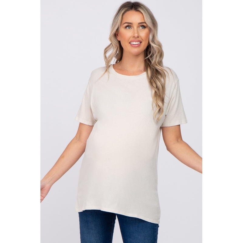 Beige Oversized Short Sleeve Maternity Top