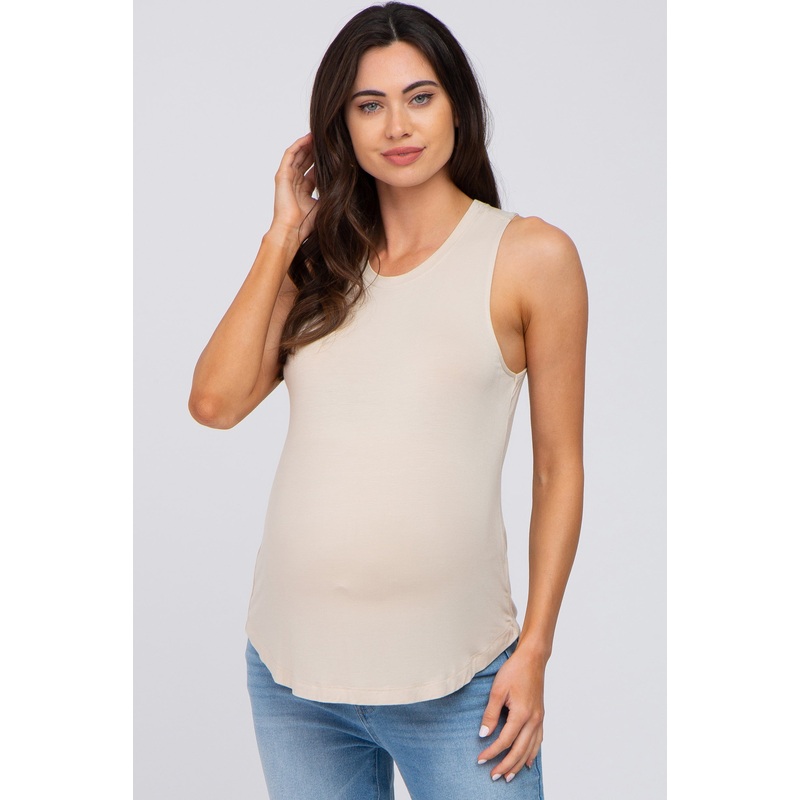 Beige Solid Sleeveless Maternity Top