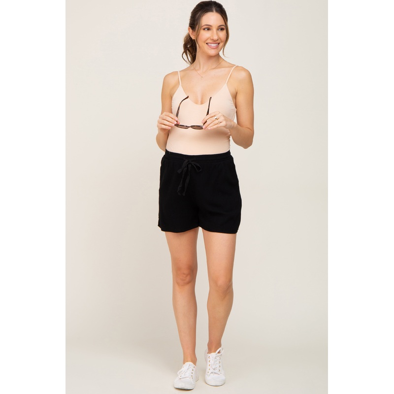 Black Drawstring Linen Maternity Shorts