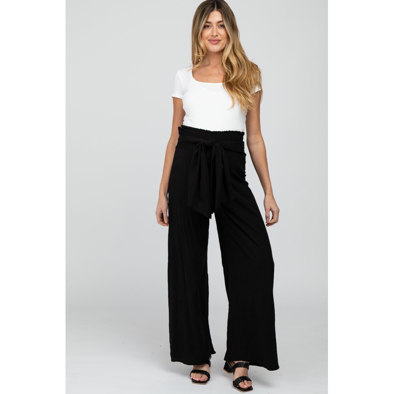 Black High Waist Tie Front Wide Maternity Pants
