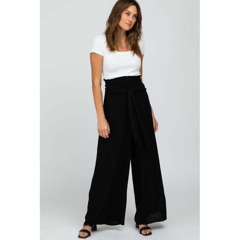 Black High Waist Tie Front Wide Pants