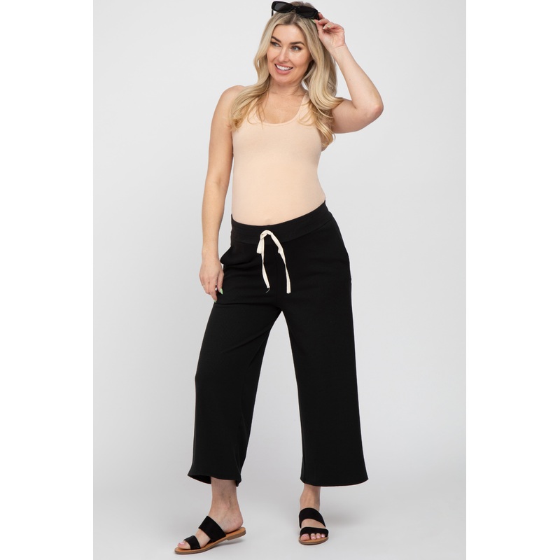 Black Ribbed Cropped Wide Leg Maternity Pants