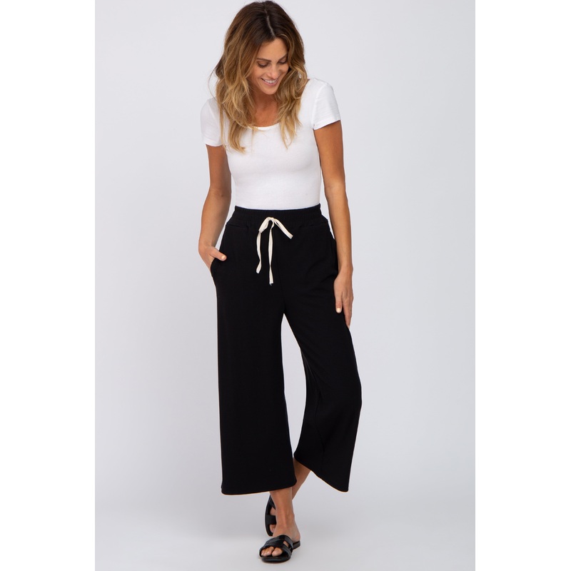 Black Ribbed Cropped Wide Leg Pants