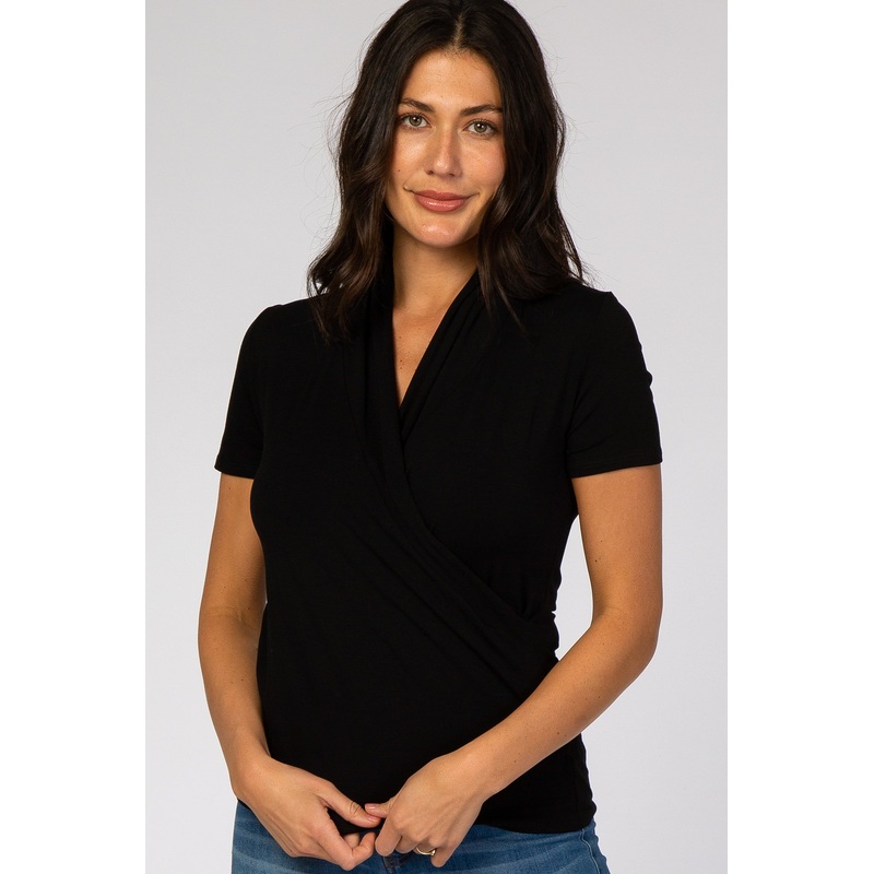 Black Short Sleeve Wrap Front Nursing Top