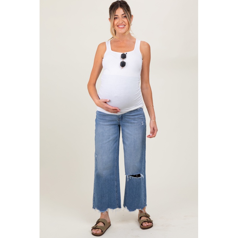 Blue Distressed Fringe Open Knee Cropped Wide Leg Maternity Jeans